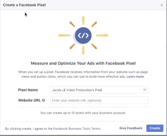 Give your Facebook pixel a name and website url